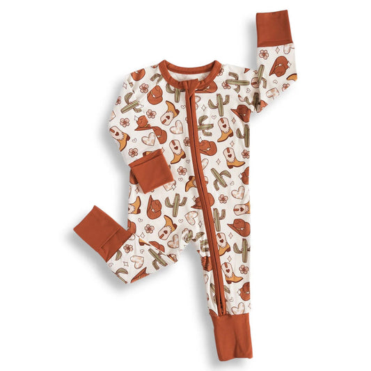 ( Moq 5 ) Preorder Baby Girls Long Sleeves Cactus Boots Hearts Western Zipper Sleeper Romper