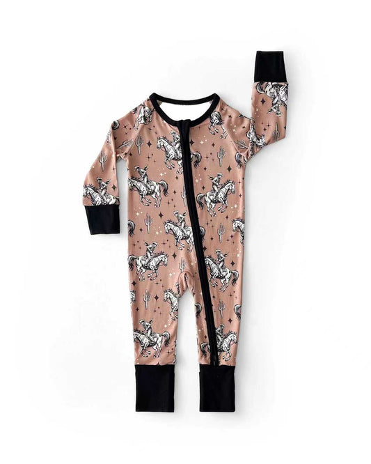 ( Moq 5 ) Preorder Baby Boys Long Sleeves Rodeo Cactus Black Zipper Sleeper Western Romper