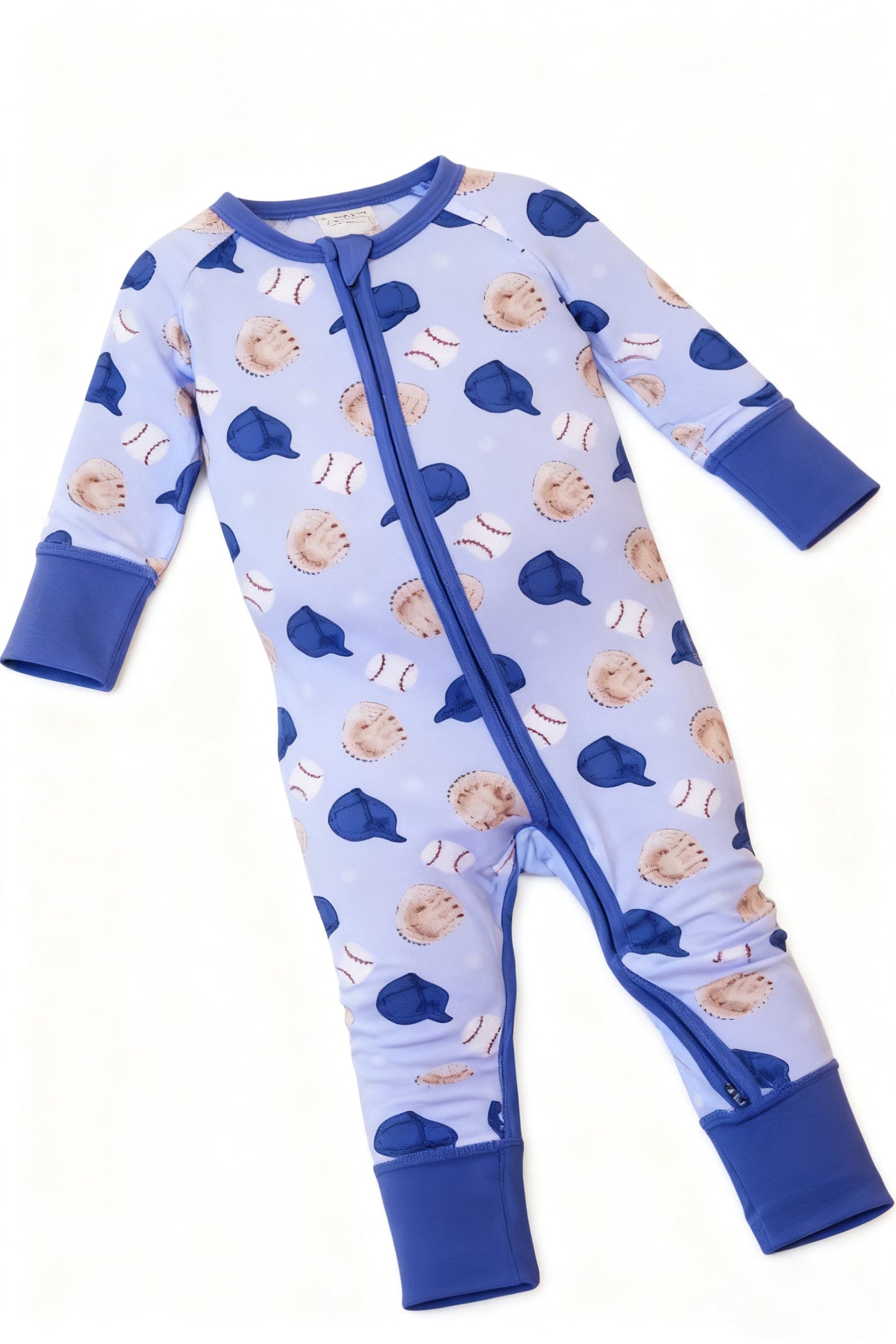 ( Moq 5 ) Preorder Baby Boys Long Sleeves Baseballs Hats Zipper Sleeper Blue Romper