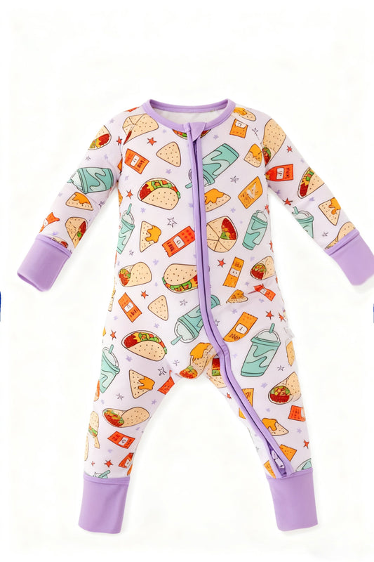 ( Moq 5 ) Preorder Baby Girls Long Sleeves Food Print Purple Zipper Sleeper Romper
