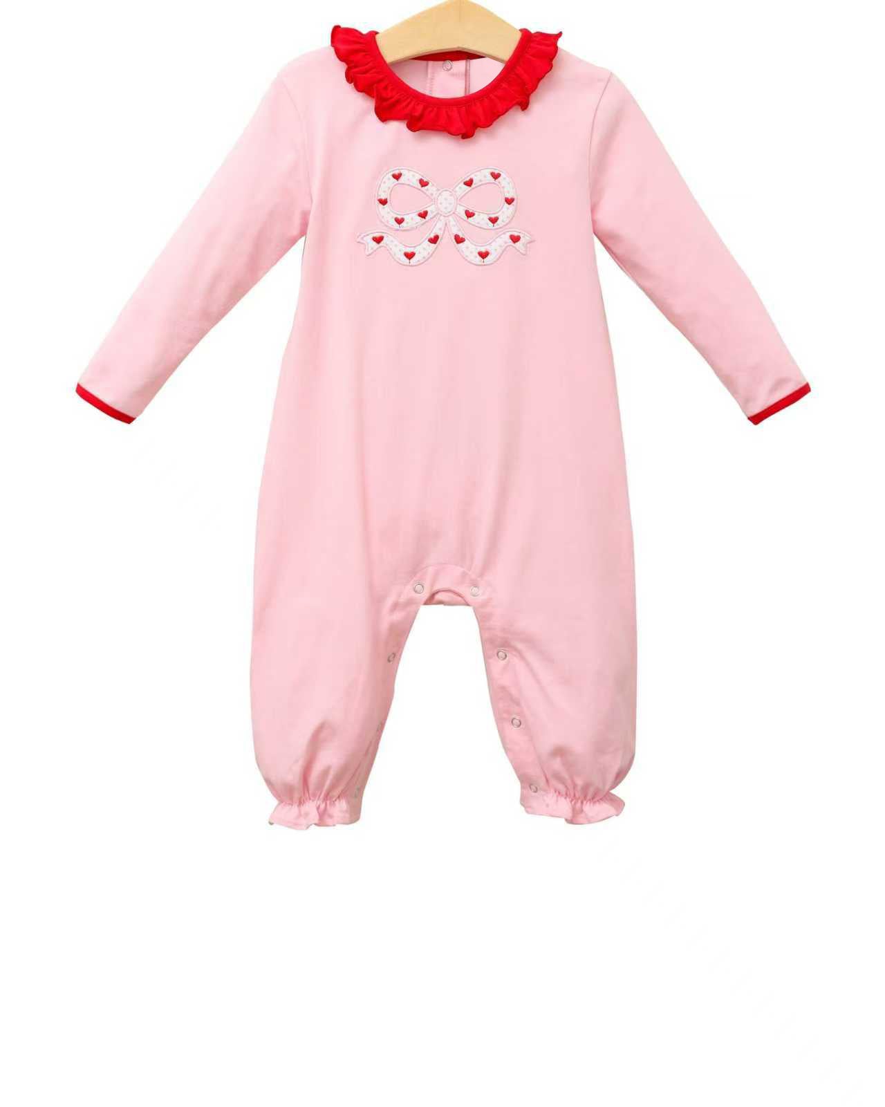 ( Moq 5 ) Preorder Baby Girls Pink Long Sleeves Hearts Bows Valentines Ruffle Romper