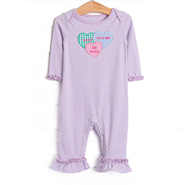 ( Moq 5 ) Preorder Baby Girls Long Sleeves Hearts Valentines Purple Stripes Ruffle Romper