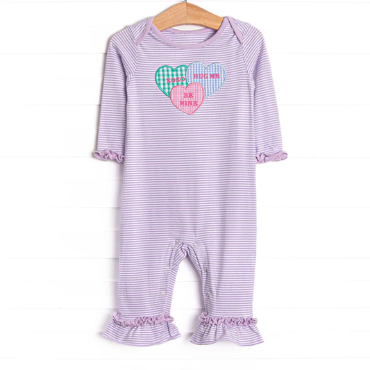 ( Moq 5 ) Preorder Baby Girls Long Sleeves Hearts Valentines Purple Stripes Ruffle Romper