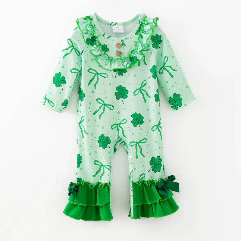 ( Moq 5 ) Preorder Baby Girls Infant Green Long Sleeves Bows Clovers St Patrick Ruffle Romper