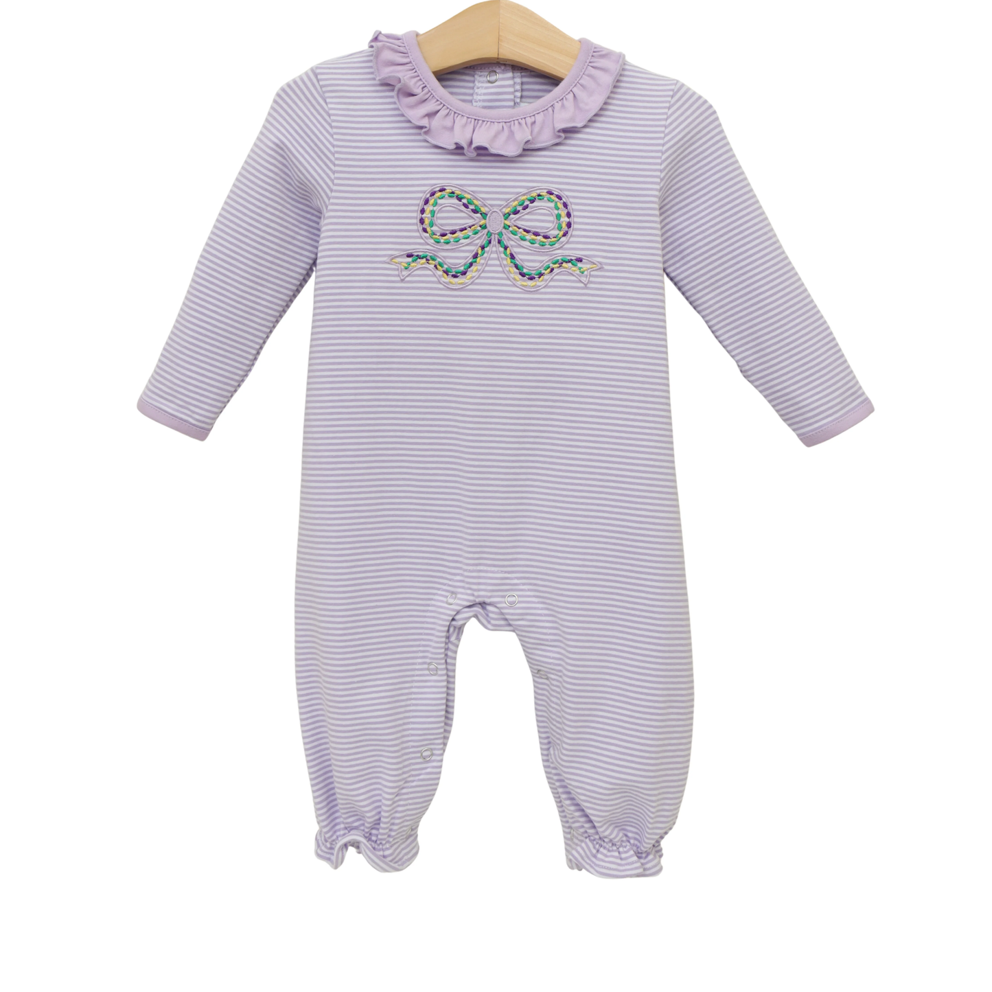 ( Moq 5 ) Preorder Baby Girls Infant Long Sleeves Bow Purple Stripes Mardi Gras Ruffle Romper