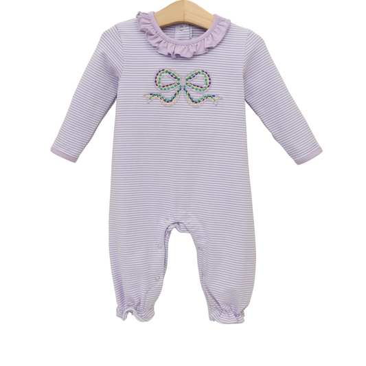 ( Moq 5 ) Preorder Baby Girls Infant Long Sleeves Bow Purple Stripes Mardi Gras Ruffle Romper