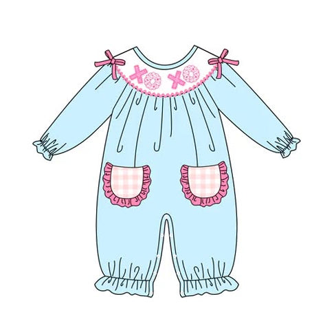 ( Moq 5 ) Preorder Baby Girls Infant XOXO Bows Ruffle Pockets Valentines Blue Romper