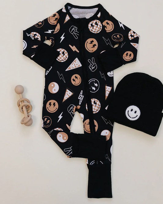 ( Moq 5 ) Preorder Baby Boys Infant Long Sleeves Smile Black Zipper Sleeper Romper