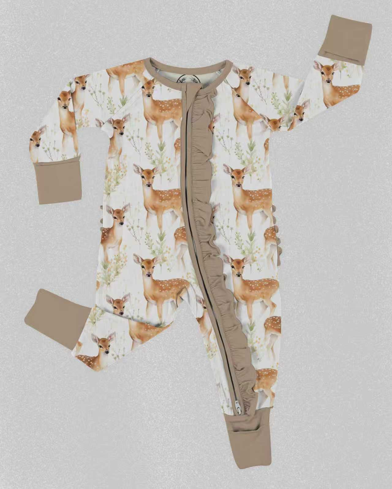 ( Moq 5 ) Preorder Baby Girls Infant Long Sleeves Deer Flower Zipper Footie Sleeper Romper