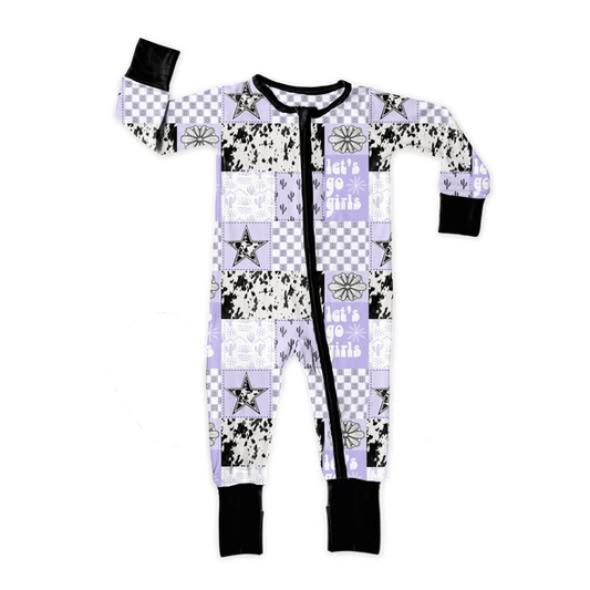 ( Moq 5 ) Preorder Baby Girls Kids Western Cactus Cow Print Two-way Zipper Purple Romper