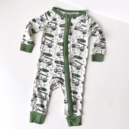 ( Moq 5 )  Preorder Baby Boys Long Sleeves Golf Trucks Green Zipper Sleeper Romper