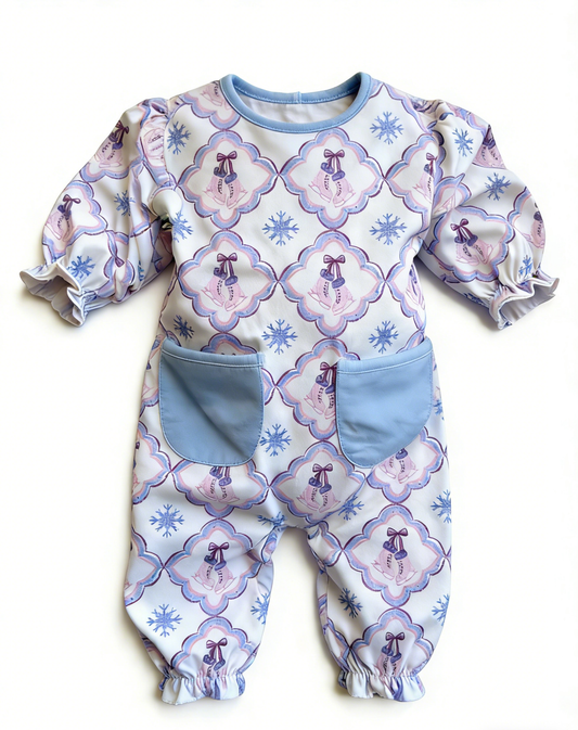 ( Moq 5 ) Preorder Baby Girls Infant Bows Shoes Blue Pockets Romper