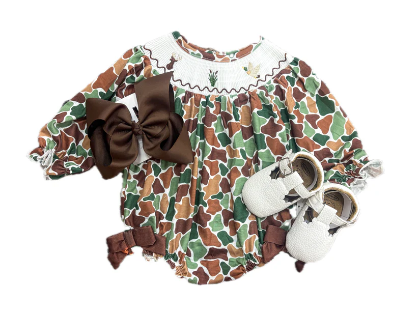 ( Moq 5 ) Preorder Baby Girls Long Sleeves Deer Ducks Brown Green Camo Print Bubble Romper