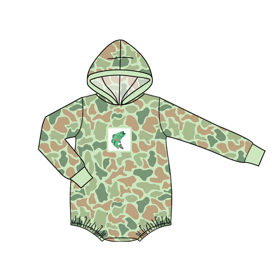 ( Moq 5 ) Preorder Baby Boys Kids Long Sleeves Fish Camo Hoodie Green Bubble Romper