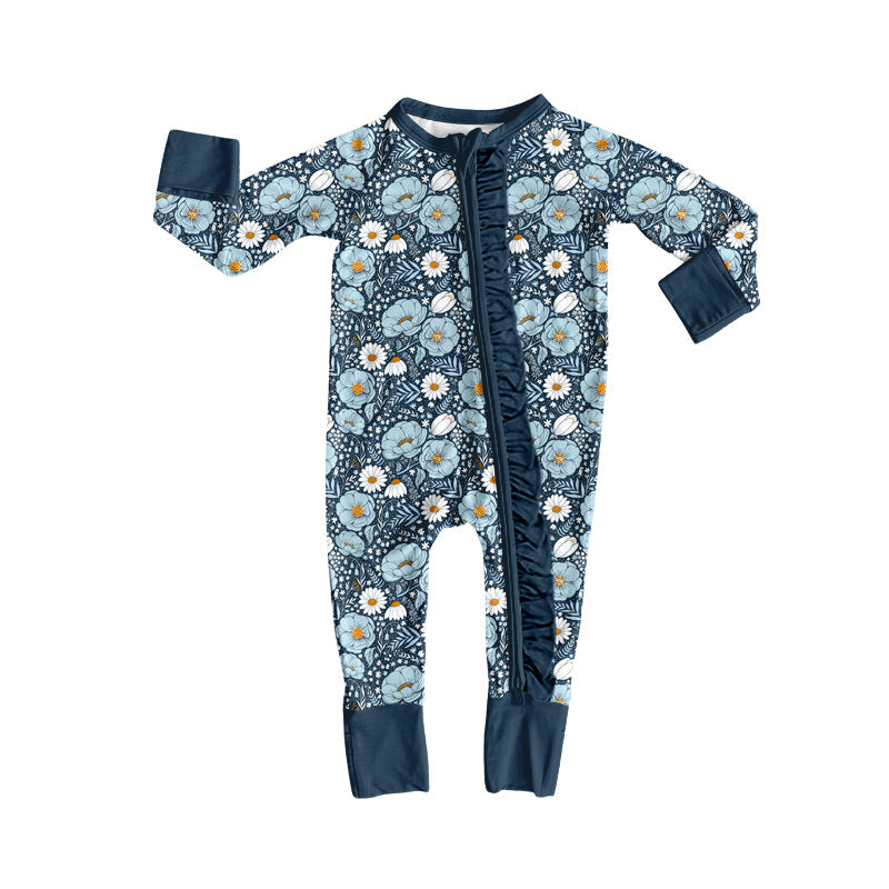 ( Moq 5 ) Preorder Baby Girls Infant Long Sleeves Flower Two-way Blue Ruffle Zipper Romper