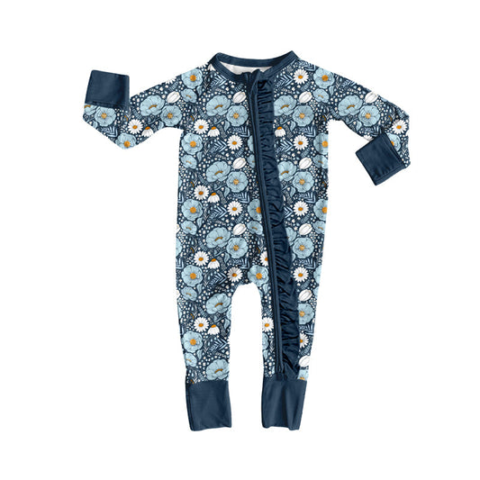 ( Moq 5 ) Preorder Baby Girls Infant Long Sleeves Flower Two-way Blue Ruffle Zipper Romper