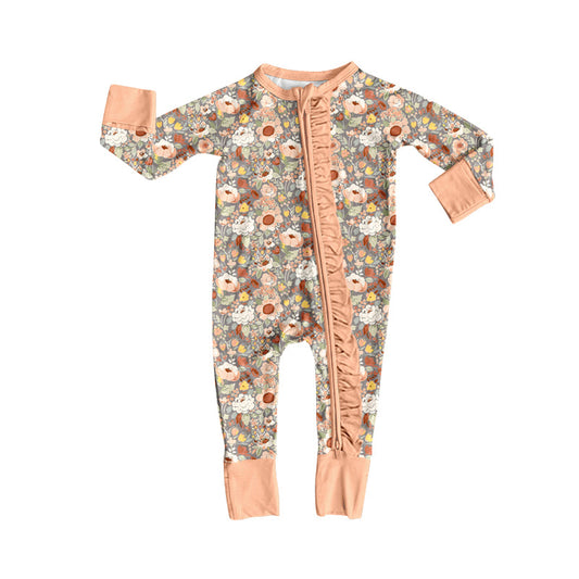 ( Moq 5 ) Preorder Baby Girls Infant Long Sleeves Ruffle Zipper Flower Footie Romper