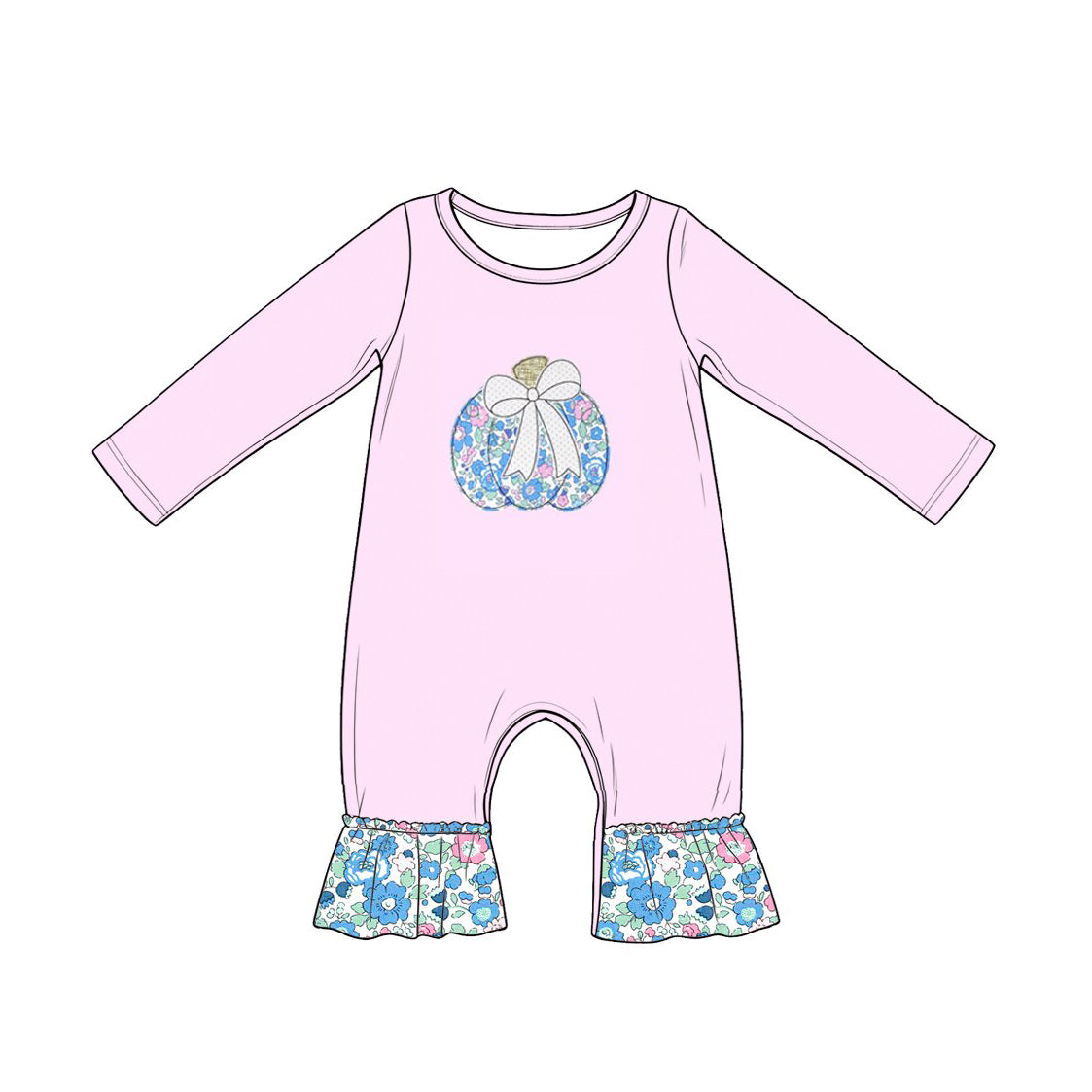 ( Moq 5 ) Preorder Baby Girls Infant Long Sleeve Pumpkin Bow Flower Ruffle Fall Romper