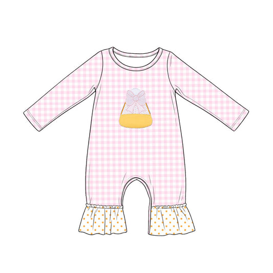 ( Moq 5 ) Preorder Baby Girls Infant Long Sleeve Halloween Bows Candy Pink Plaid Romper