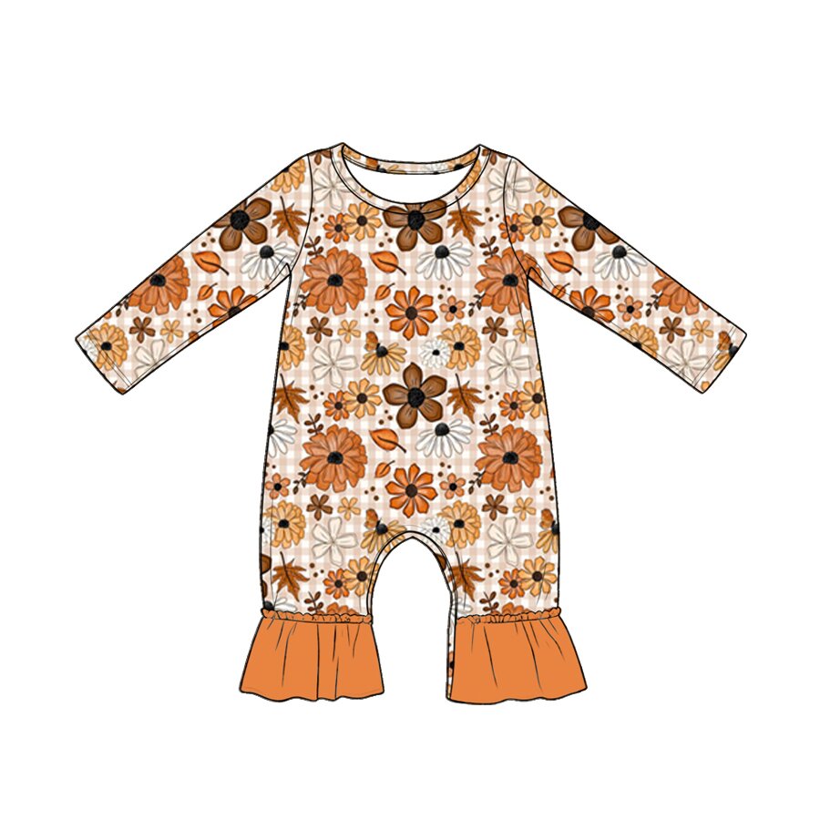 ( Moq 5 ) Preorder Baby Girls Infant Long Sleeves Flower Plaid Fall Ruffle Romper