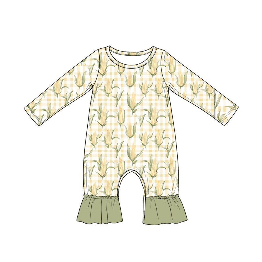 ( Moq 5 ) Preorder Baby Girls Infant Long Sleeves Corn Plaid Green Ruffle Romper
