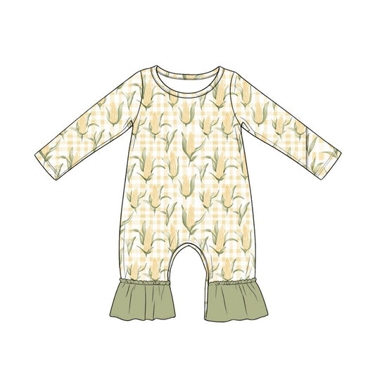 ( Moq 5 ) Preorder Baby Girls Infant Long Sleeves Corn Plaid Green Ruffle Romper