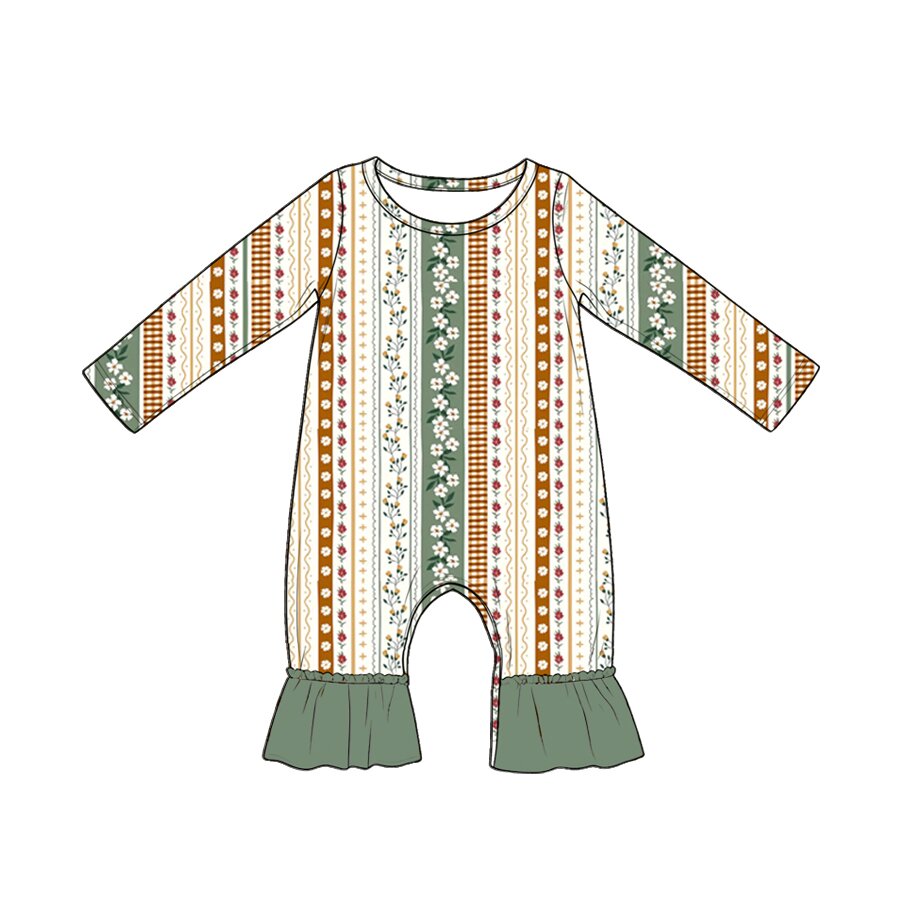 ( Moq 5 ) Preorder Baby Girls Infant Long Sleeves Floral Stripes Ruffle Romper