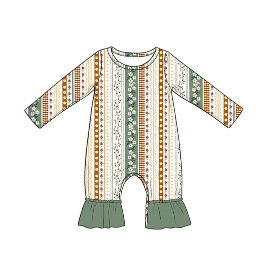 ( Moq 5 ) Preorder Baby Girls Infant Long Sleeves Floral Stripes Ruffle Romper