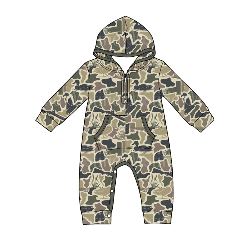 ( Moq 5 ) Preorder Baby Boys Infant Long Sleeves Ducks Damo Hoodie Zipper Pockets Hunting Romper
