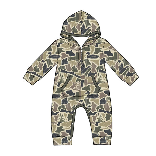 ( Moq 5 ) Preorder Baby Boys Infant Long Sleeves Ducks Damo Hoodie Zipper Pockets Hunting Romper