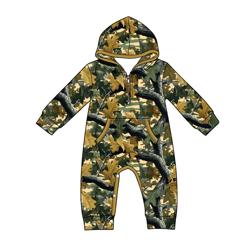 ( Moq 5 ) Preorder Baby Boys Infant Long Sleeves Leaves Hoodie Zipper Pockets Camo Romper