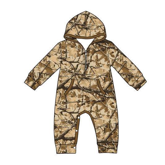 ( Moq 5 ) Preorder Baby Boys Infant Long Sleeves Leaves Hoodie Zipper Pockets Brown Romper