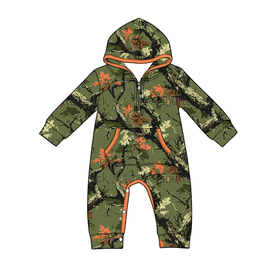 ( Moq 5 ) Preorder Baby Boys Infant Long Sleeves Leaves Hoodie Zipper Pockets Green Romper