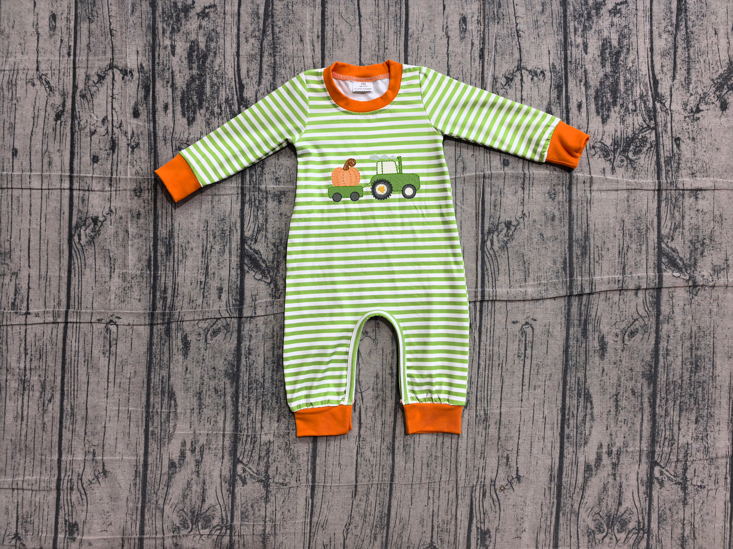 ( No moq ) Preorder Baby Boys Kids Long Sleeves Embroidery Pumpkin Tractor Green Stripes Fall Romper Clothes