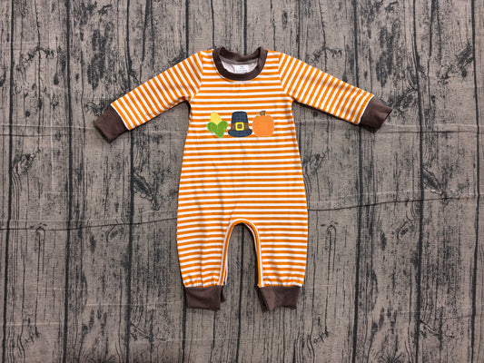 ( No moq ) Preorder Baby Boys Kids Embroidery Pumpkin Orange Stripes Fall Romper Clothes