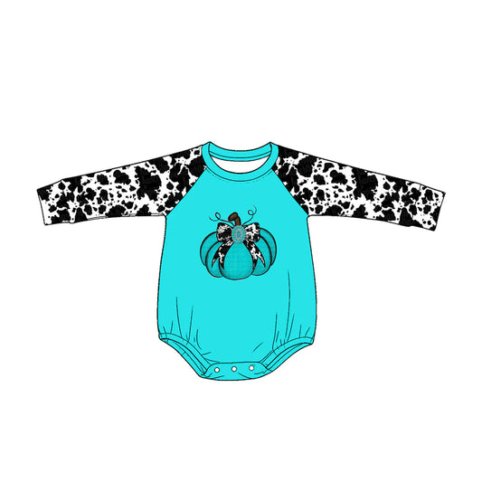 ( Moq 5 ) Preorder Baby Girls Kids Cow Print Long Sleeves Pumpkin Bows Green Romper Fall Clothes