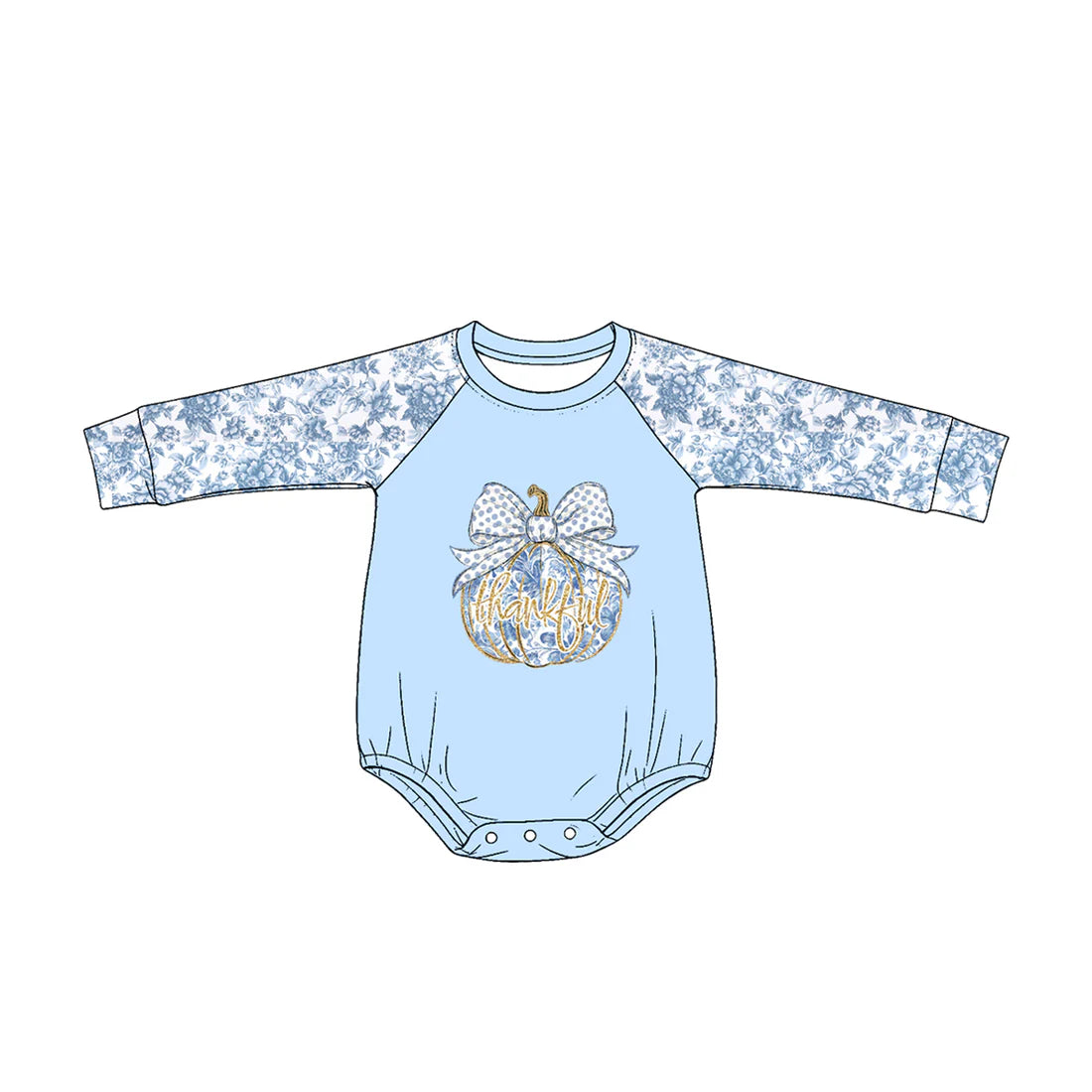 ( Moq 5 ) Preorder Baby Girls Kids Flower Long Sleeves Pumpkin Bows Thankful Blue Romper Fall Clothes