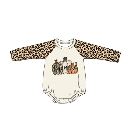 ( Moq 5 ) Preorder Baby Girls Kids Leopard Long Sleeves Pumpkins Thankful Bubble Romper Fall Clothes