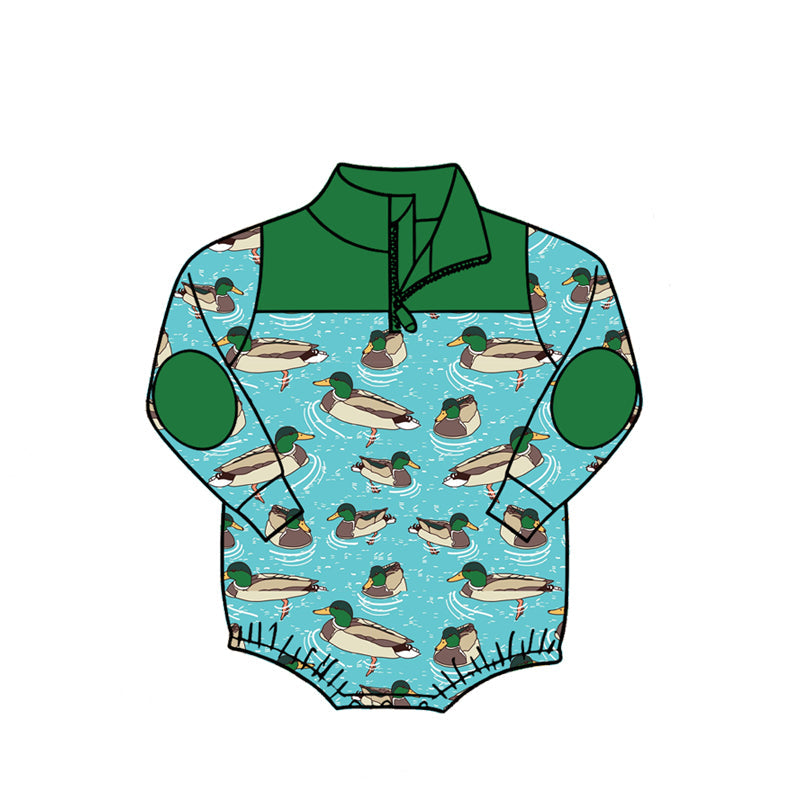 ( Moq 5 ) Baby Boys Infant Long Sleeves Ducks Green Zipper Bubble Romper Clothes
