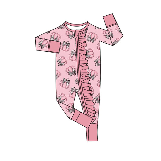 ( Moq 5 ) Baby Girls Infant Pumpkins Leopard Bows Ruffle Zipper Romper Footie Sleeper Fall Clothes