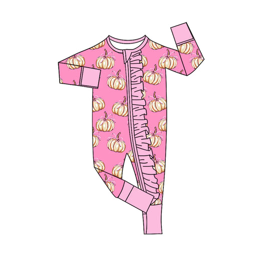 ( Moq 5 ) Baby Girls Infant Pumpkins Bows Ruffle Zipper Pink Romper Footie Sleeper Fall Clothes