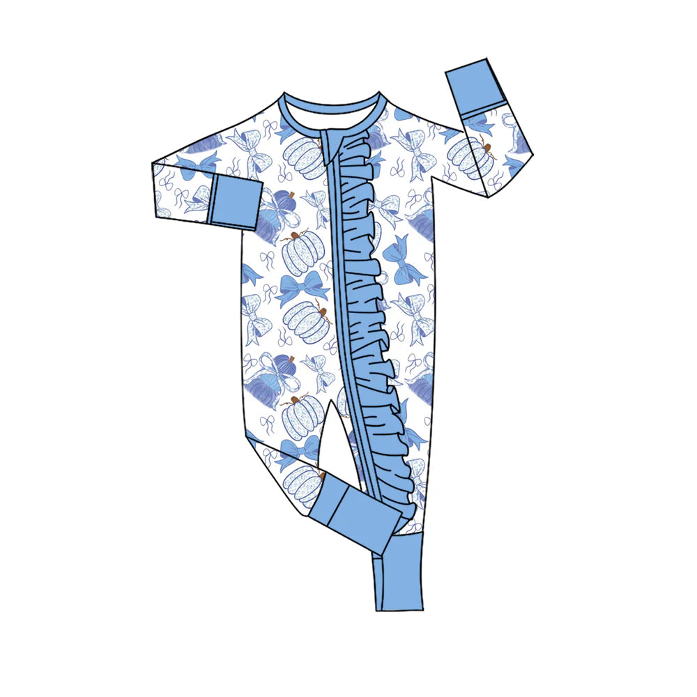 ( Moq 5 ) Baby Girls Infant Long Sleeves Pumpkins Bows Blue Ruffle Zipper Romper Fall Clothes