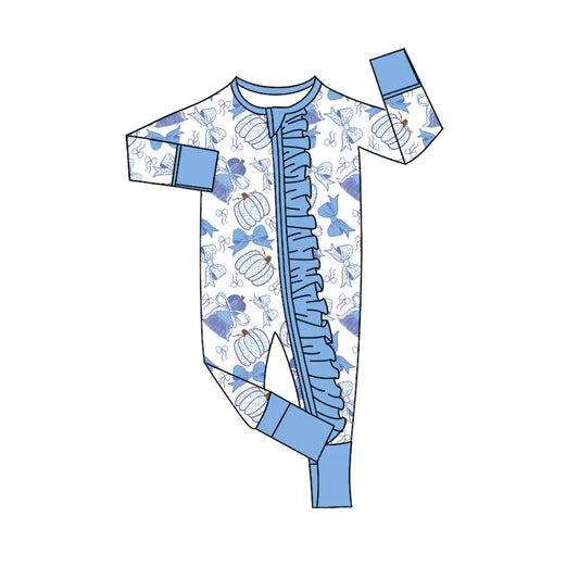 ( Moq 5 ) Baby Girls Infant Long Sleeves Pumpkins Bows Blue Ruffle Zipper Romper Fall Clothes