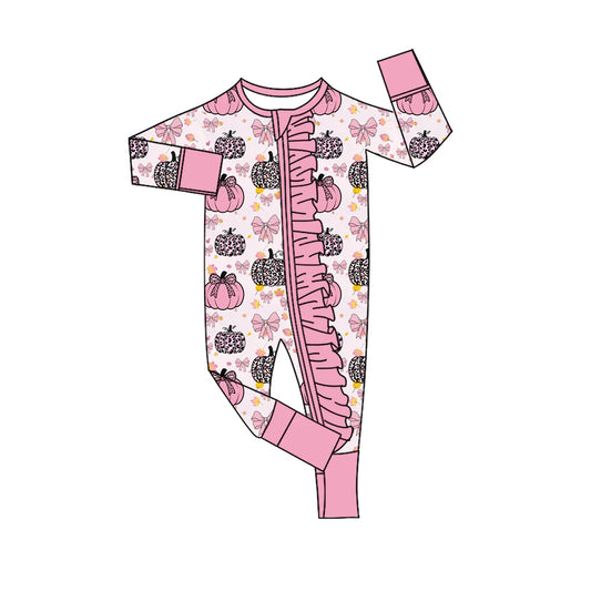 ( Moq 5 ) Baby Girls Infant Long Sleeves Pumpkins Bows Pink Ruffle Zipper Romper Fall Clothes