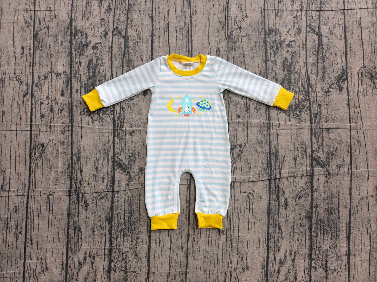 ( No moq ) Baby Boys Infant Long Sleeves Blue Stripes Embroidery Romper Clothes