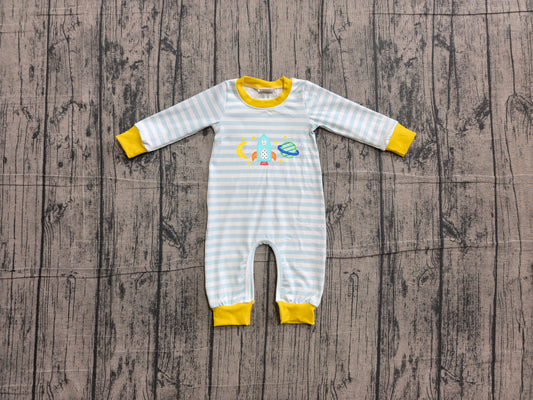 ( No moq ) Baby Boys Infant Long Sleeves Blue Stripes Embroidery Romper Clothes