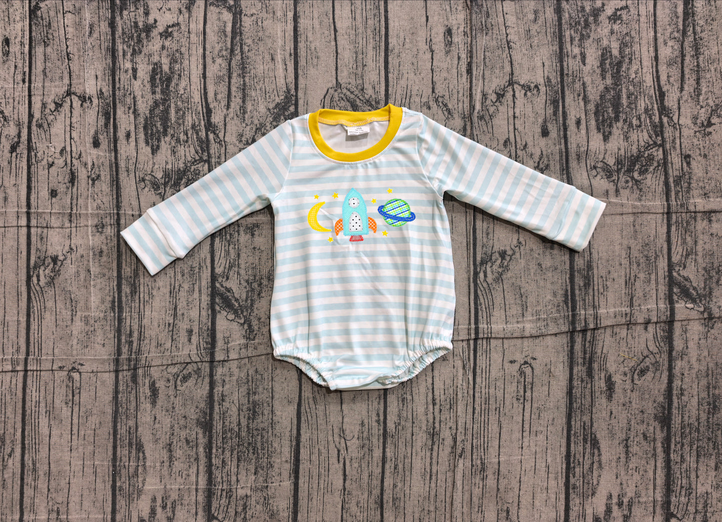 ( No moq ) Baby Boys Infant Long Sleeves Blue Stripes Embroidery Bubble Romper Clothes