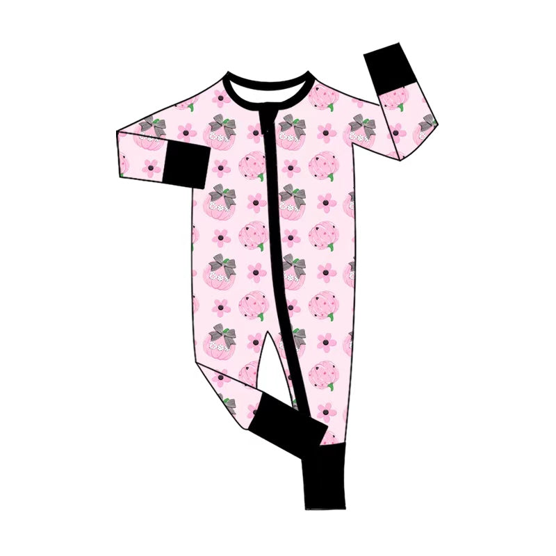 ( Moq 5 ) Preorder Baby Girls Kids Pumpkins Bows Flower Zipper Footie Sleeper Romper Fall Clothes
