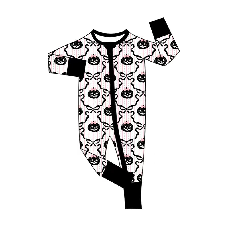 ( Moq 5 ) Preorder Baby Girls Pumpkins Bows Zipper Footie Sleeper Black Romper Halloween Clothes