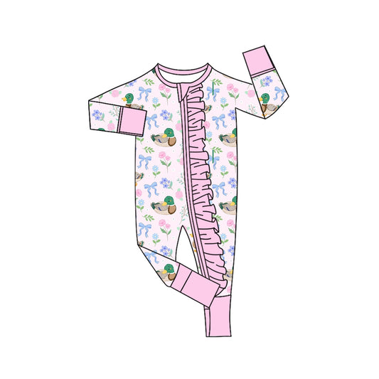 ( Moq 5 ) Preorder Baby Girls Kids Ducks Flower Bows Pink Ruffle Zipper Footie Sleeper Romper